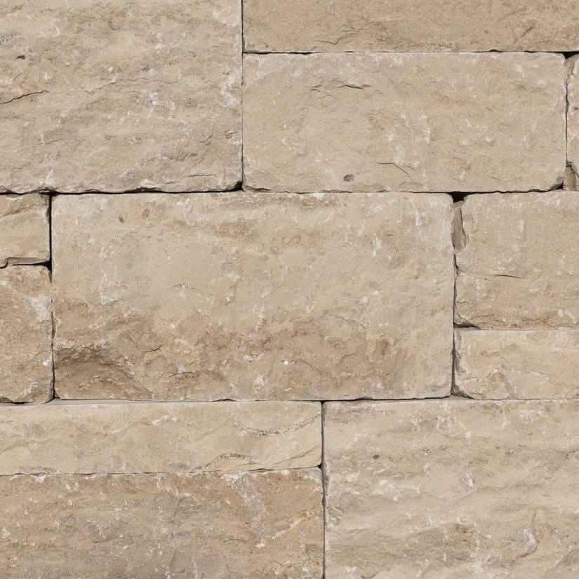 Jura Gelb Kalkstein - Mauersteine - Ansicht gespalten + getrommelt
Kanten gesägt + getrommelt